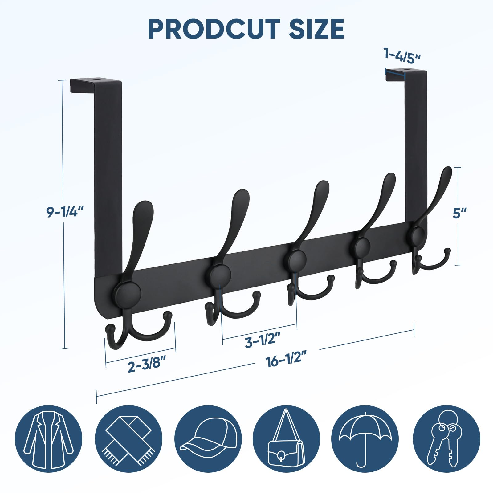 TICONN Ganchos para colgar sobre la puerta, 5 percheros resistentes de metal para chaquetas, sombreros, toallas, bolsas en el baño, dormitorio, dormitorio (negro, 2 unidades)