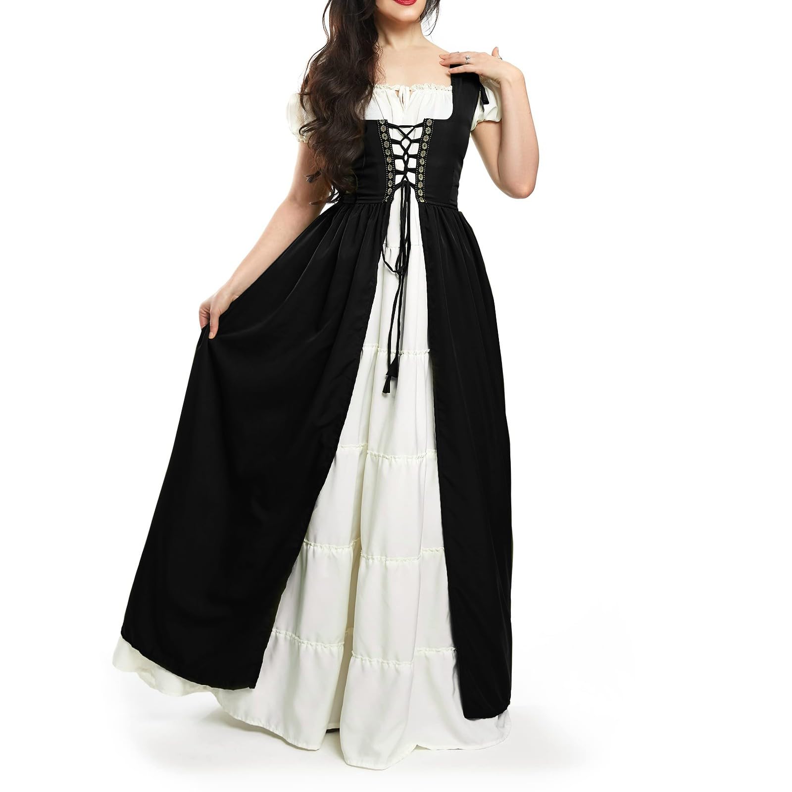 Générique Robe Dirndl Longue Femme Corset Lacé à Lacet Double Jupe Multi-Couches, Tissu Fluide Ample pour Fêtes Oktoberfest Bavaroise Carnaval et Déguisements Traditionnels