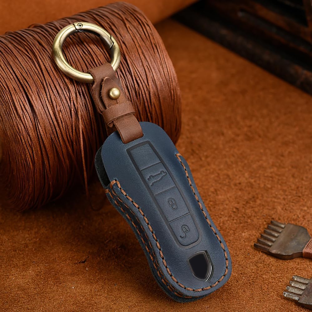 HIBEYO Leather Smart Key Fob Case Full Protection Cover Compatible with Porsche 911 Cayenne Macan Panamera Taycan 3 4 Button Keyless Entry Remote Shell Accessories-(3 button Blue - Image 6