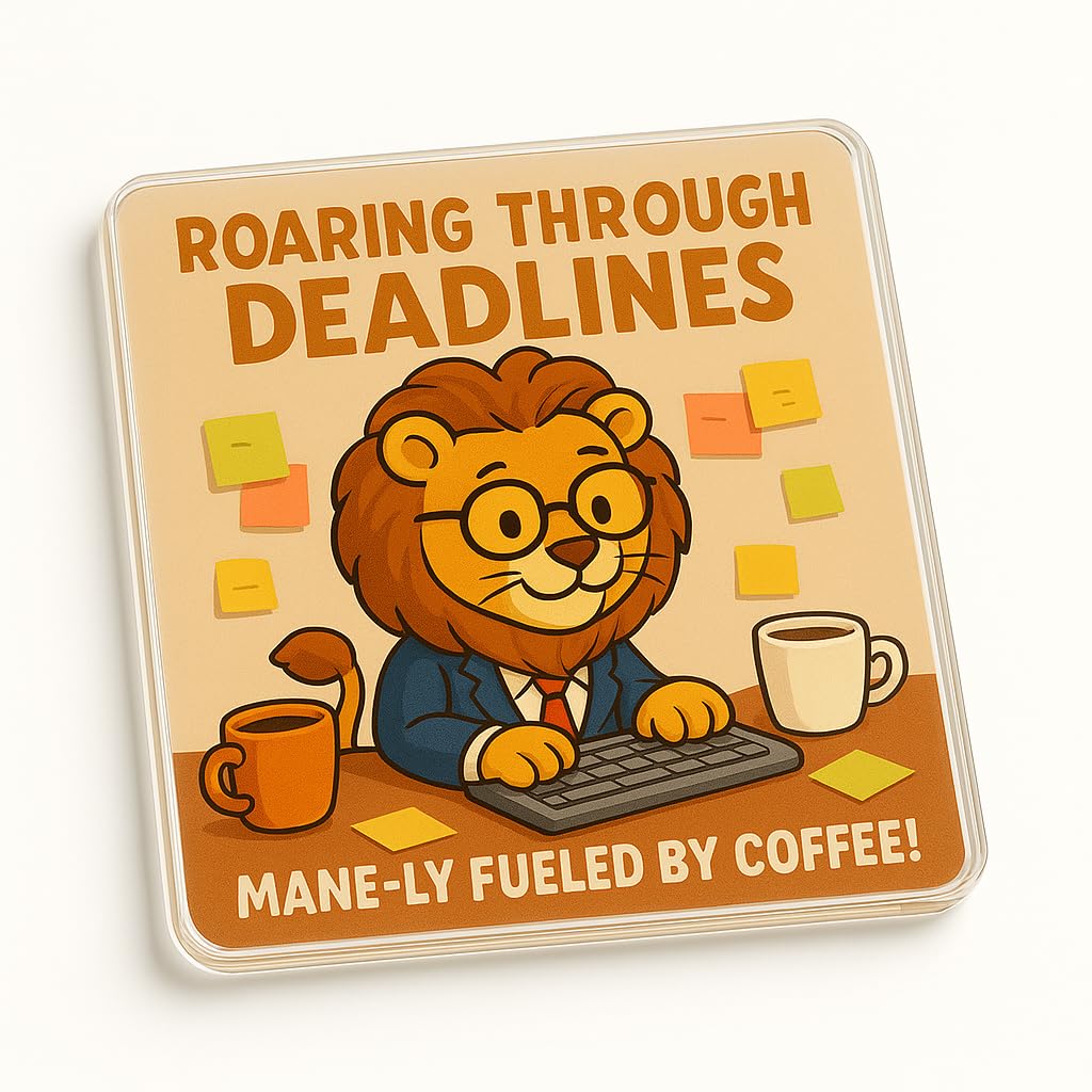 The Plum Penguin Mane Focused Fun Acrylic Coaster Gift With Playful Lion In Business Suit - Humorous Desk Decor For Colleague Secret Santa
