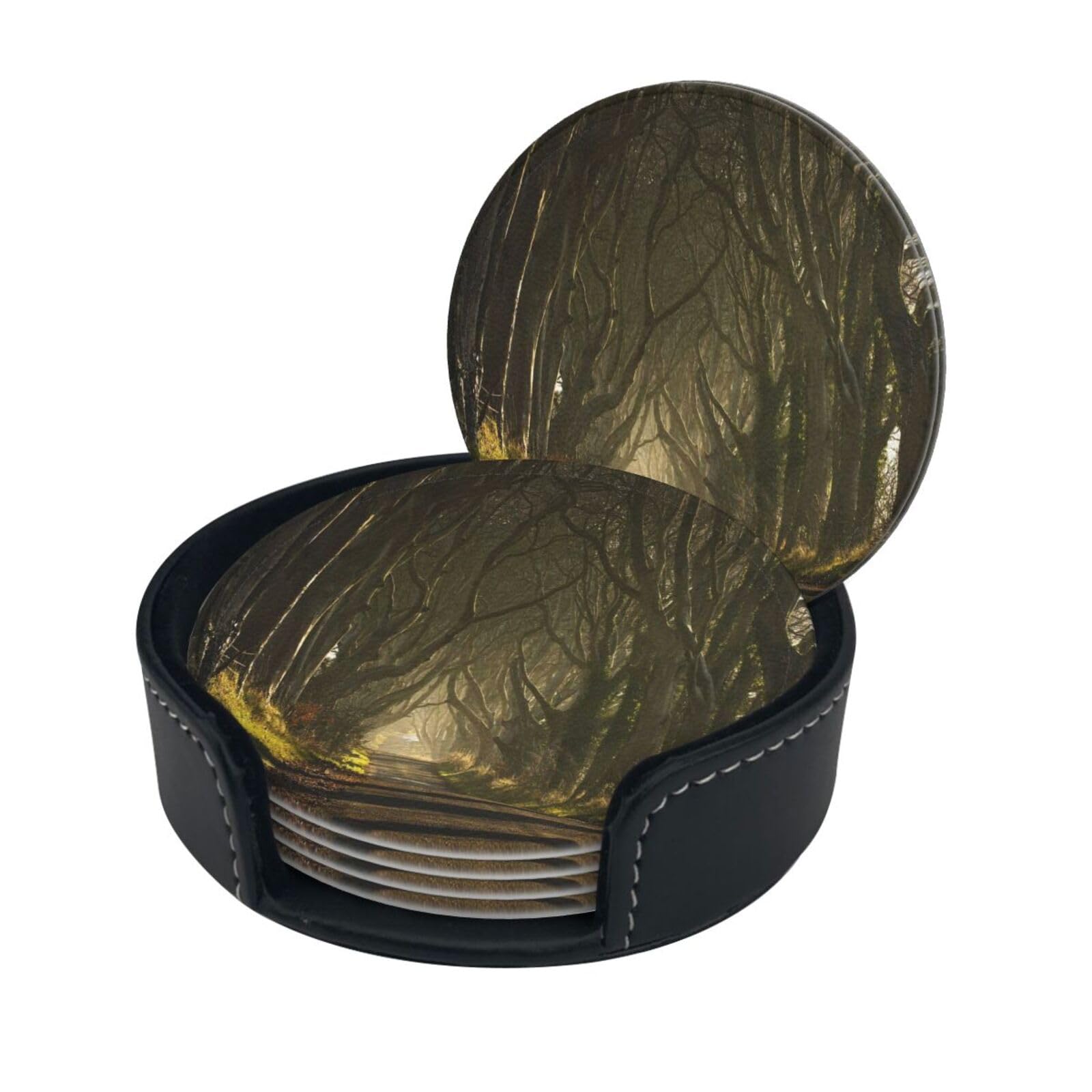 Aseelo Dark Hedges Northern Ireland Set 6 Leather Coasters With Storage Box Print Drink Coasters For Dining Table Bar Coffee Bar Decoration As Gift