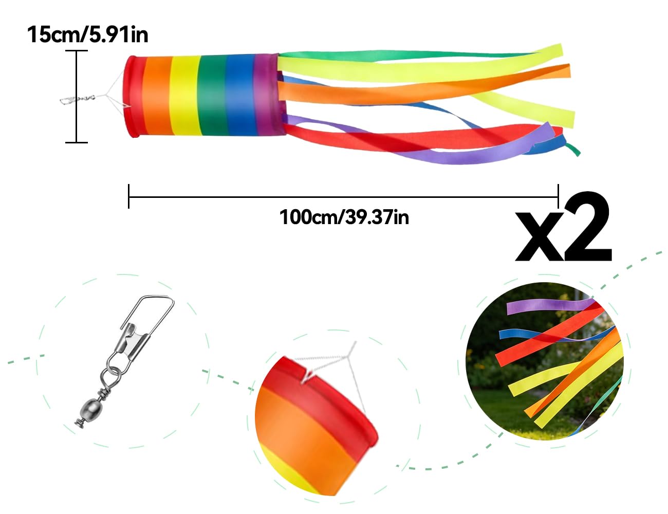 2 PCS Manica a Vento Arcobaleno,Bandiera banderuola,Bandiera a Maniche a Vento a Righe,Decorazione da Appendere all'Esterno,per Parete Esterna Albero Anteriore Patio Prato Giardino(100 cm)