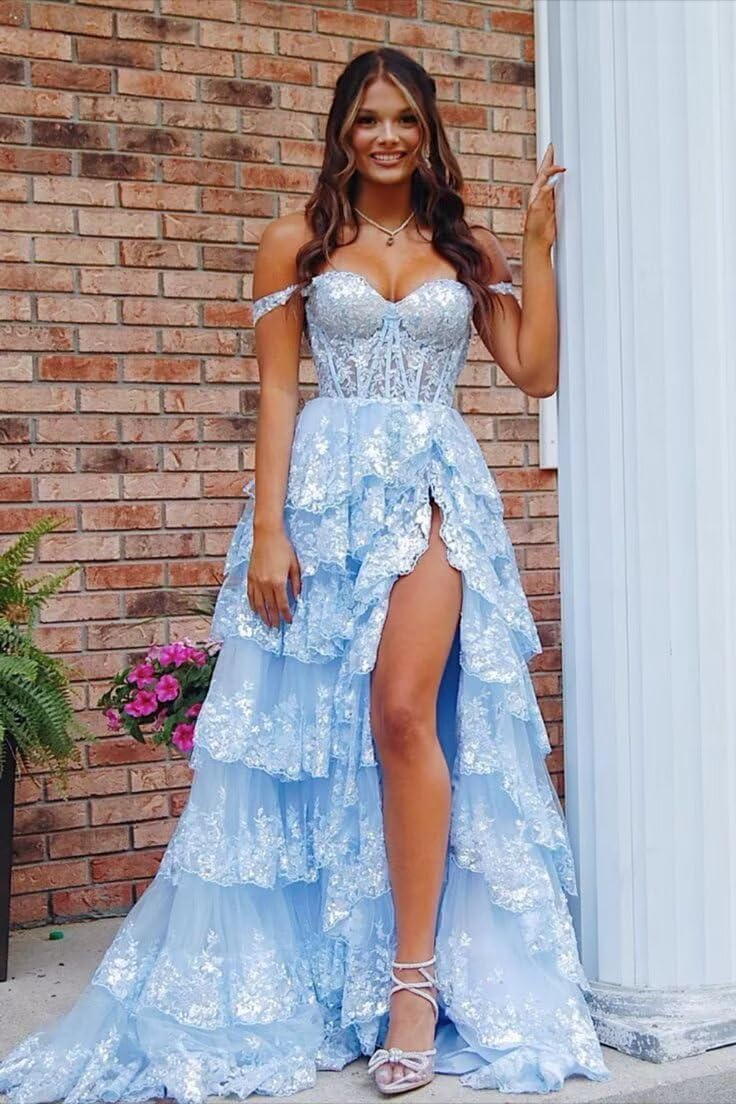 Off Shoulder Sequin Prom Dresses 2026 Tiered Lace Long Prom Dress for Teens Sparkly Formal Evening Gown with Slit