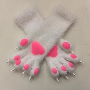 ケモノ手袋 五本指 グレー ピンク肉球 ハンドメイド 手縫い爪 オリジナル ケモノ手袋 五本指 ホワイト✖️ホワイト ピンク肉球 ハンドメイド