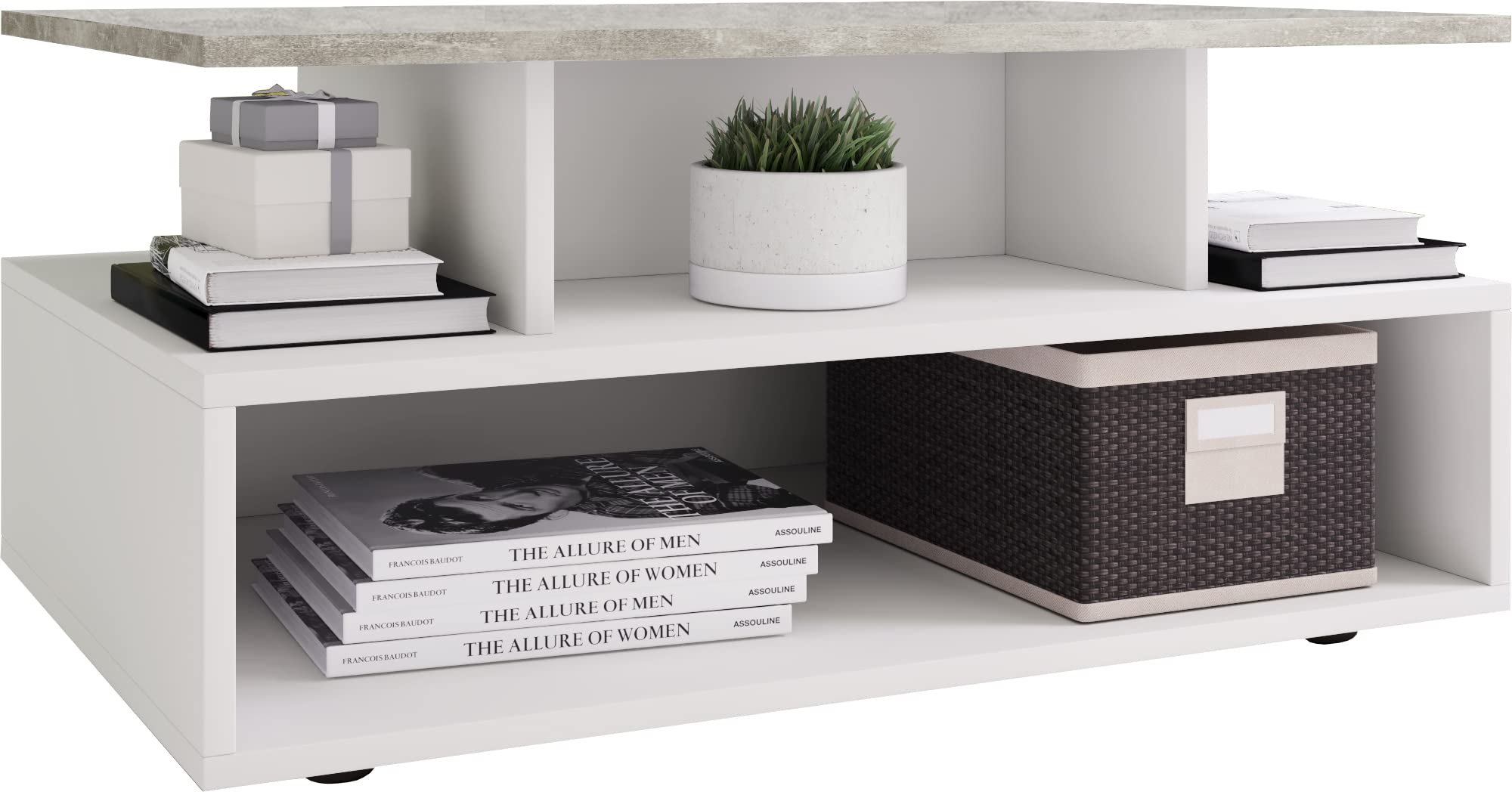 VCM Holz Couchtisch | Sofatisch mit ausreichend Stauraum | Maße ca. H. 40 x B. 80 x T. 50 cm | Wohnzimmertisch - Esila Weiß/Beton-Optik