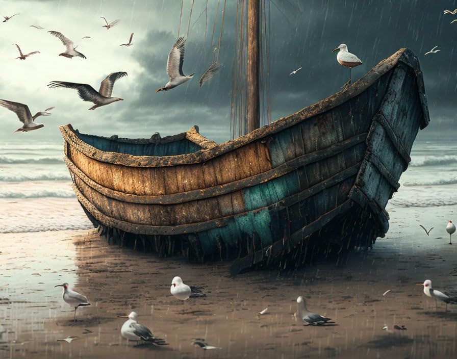 Poster 58 x 90 cm pluie dure vieux bateau plage pour salon marin GerRit
