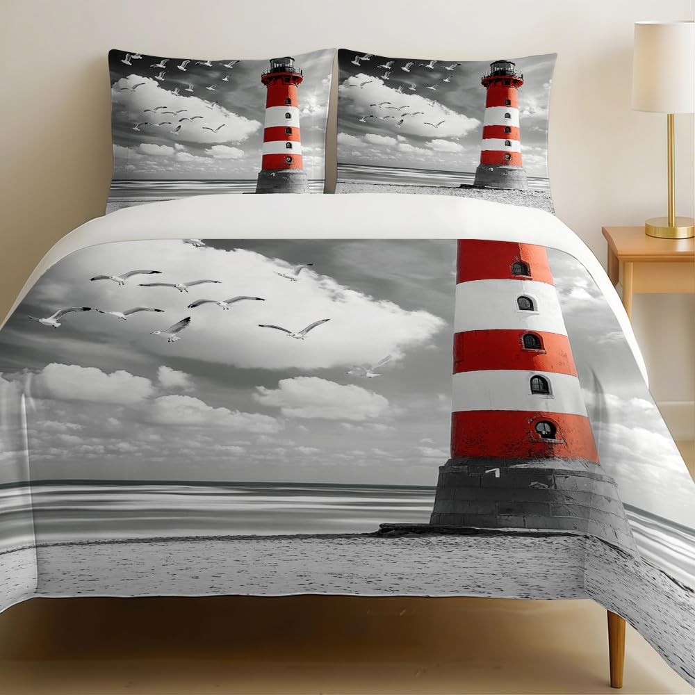 Housse de couette 200x200 cm phare de plage en microfibre avec taies