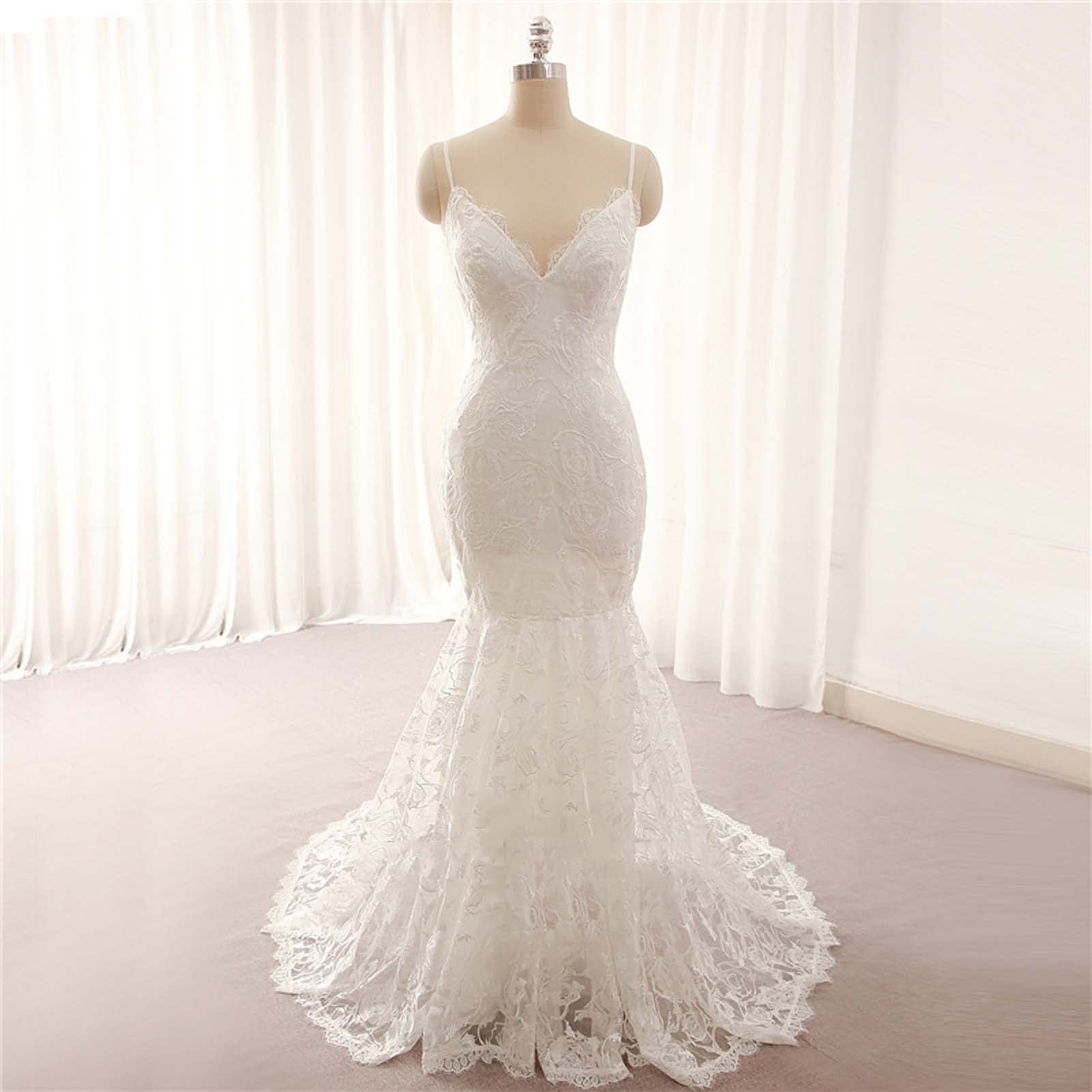 Vestido de Novia con Patrón de Flores, Vestido de Noche con Falda de Playa de Doble Cuello V, Blanco, 16