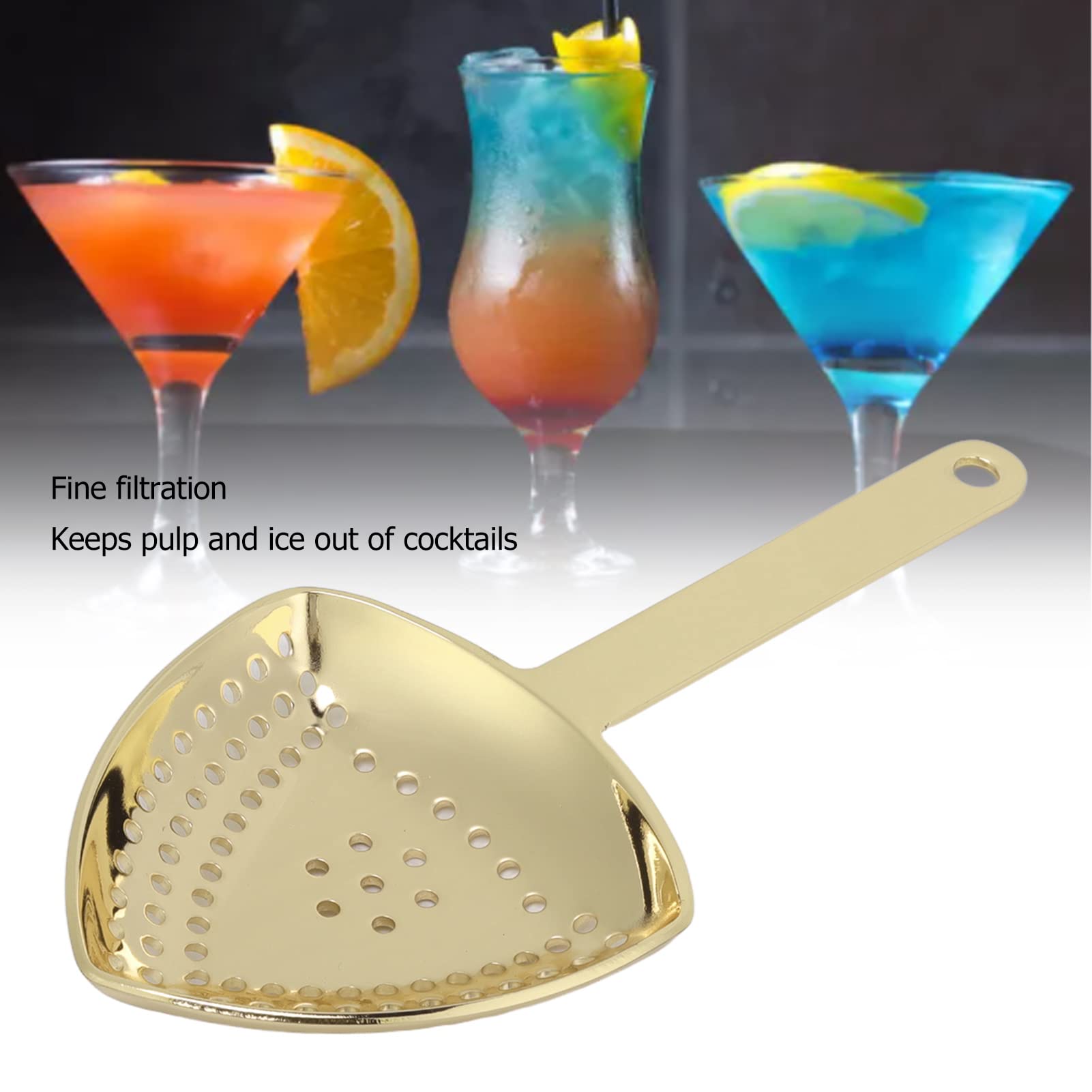 Cocktail Strainer, Professional Stainless Steel Julep Strainer Triangular Cocktail Strainer Spoon Professional Ice Strainer Tool Home and Cocktail Drinks Use(Gold Plated)
