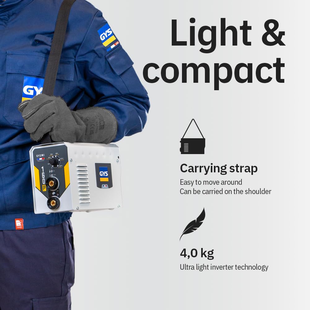 GYS, GYSMI 160P, Poste à Souder à l'Électrode Enrobée 160A Monophasé 230V (MMA), Arc Force, Antisticking, Hot Start, Avec Valise, Porte-électrode, Câble de Masse