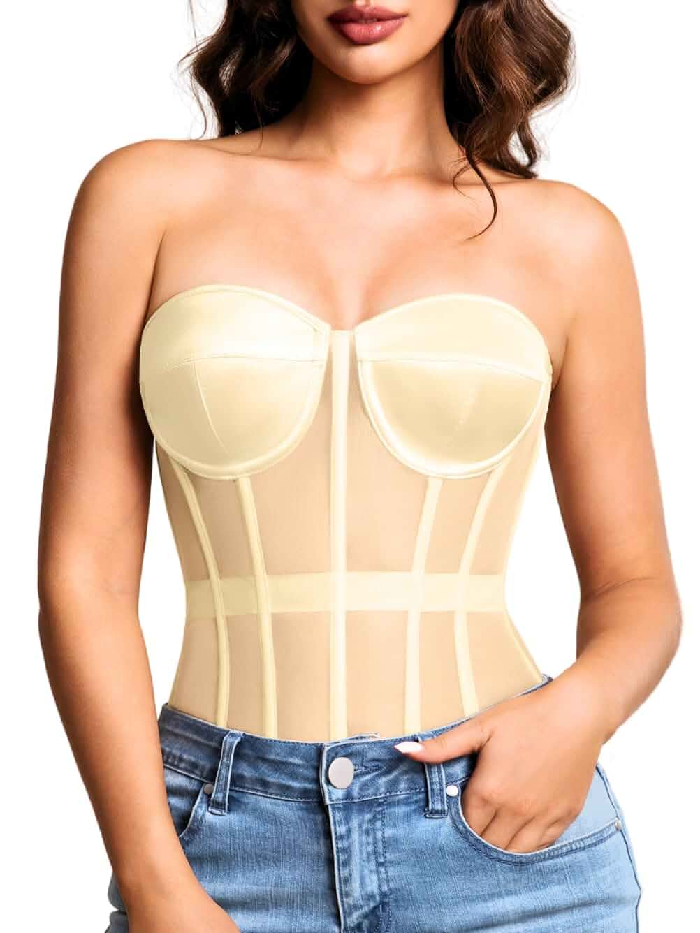 Kaei&Shi Women's Strapless Mesh Corset Top, Padded Lace-Up Bustier fixed padded cups, sheer mesh panels, soft polyester boning, adjustable lace-up back, longline silhouette