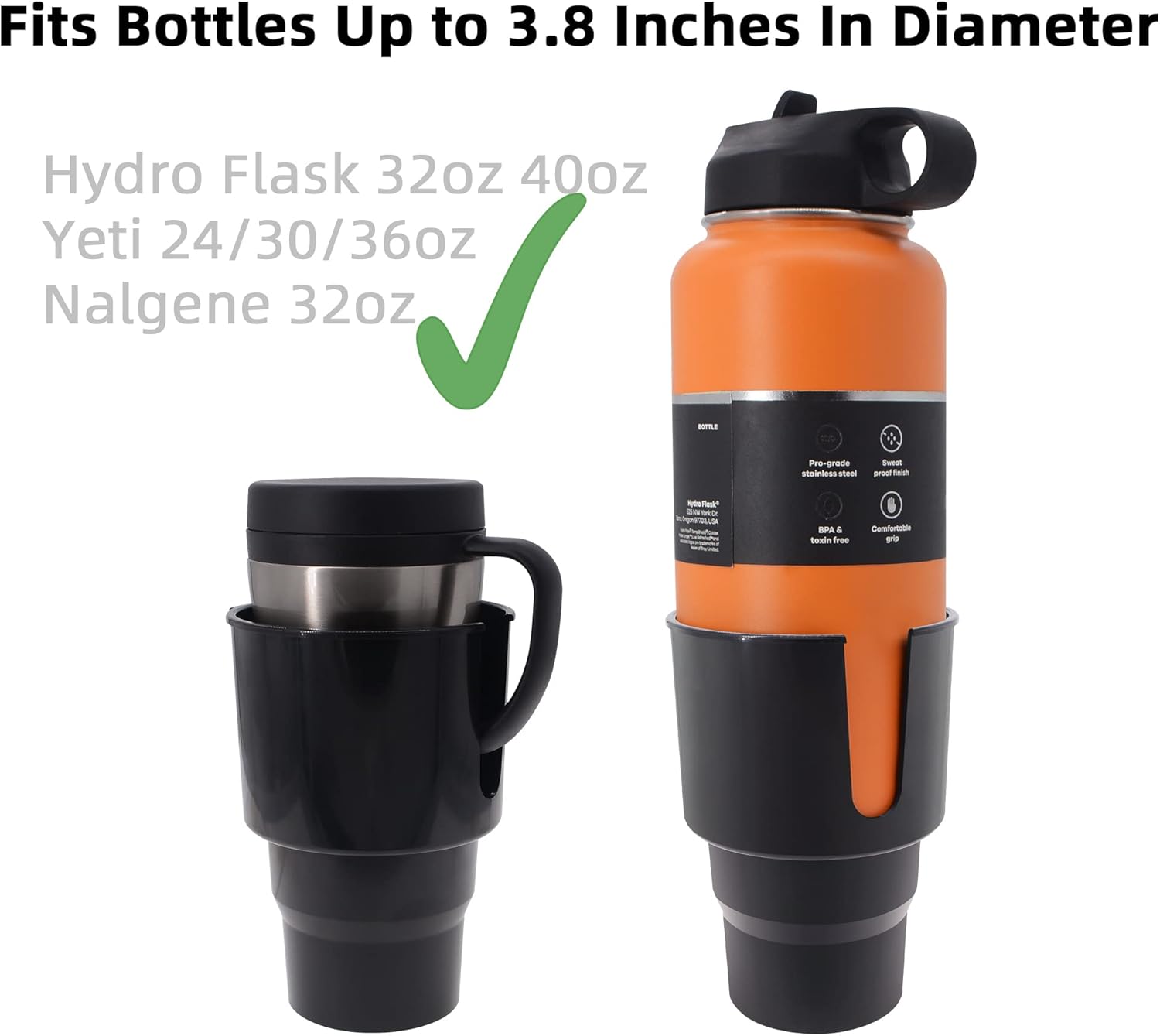 Large Car Cup Holder Adapter Compatible with Hydro Flask 32oz 40oz 50/50 Flask, Yeti 24/30/36oz, Nalgene 32oz Coffee Mugs - Car Interior Accessory Big Bottles Car Cup Holder (Up to 3.8 Inches)