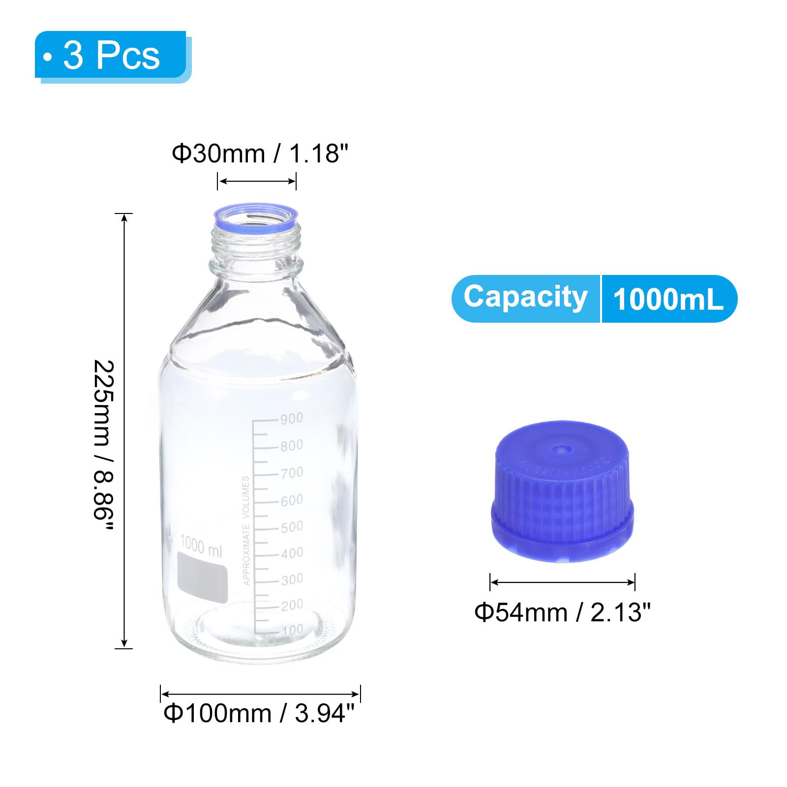 PATIKIL 3 Confezione Bottiglie Per Conservazione Reagenti, 1000ml Bottiglie Tonde Graduate In Vetro Borosilicato Con Tappo A Vite BLU GL32 Per Liquidi Reagenti Da Laboratorio, Trasparenti
