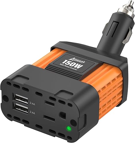 Ampeak Inversor de corriente para automóvil de 150 W, CC de 12 V a 110 V, adaptador de salida de automóvil, 11 protecciones seguras, puertos USB de