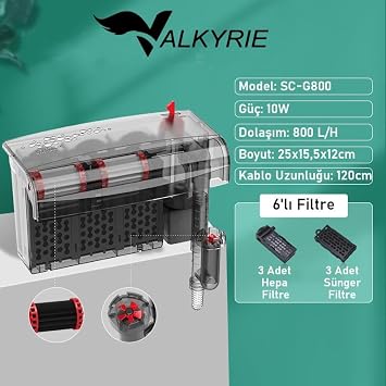Valkyrie Askılı Akvaryum Şelale Filtre 10W 800 L/H 6’lı Filtre Yüzey Temizleyici [Enerji Sınıfı A]