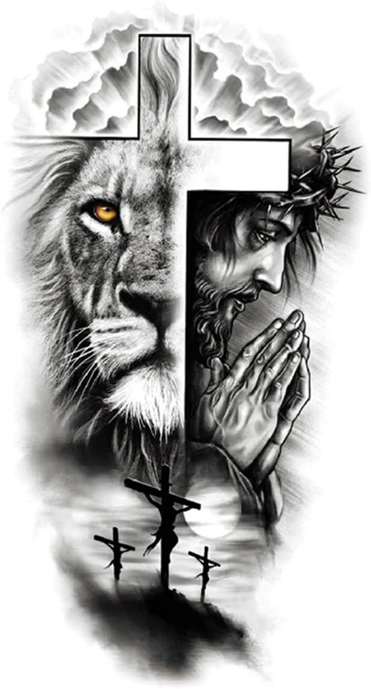 S.A.V.I Temporary Tattoo Stickers, Lion Face Half Cross Jesus Hanging Tattoo Pattern for Men, Women, Tattoo for Hand Arm, Size 21x11cm - 1Pc.