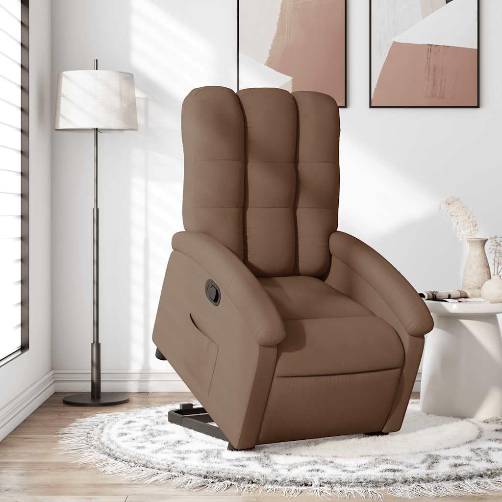 Relaxsessel mit Aufstehhilfe Braun Stoff Polster Sessel mit Elektromotor, verstellbare Rückenlehne und Fußteil, Holz Metall Gestell, komfortabler Lounge Stuhl für Wohnzimmer, Lesen und Ruhe