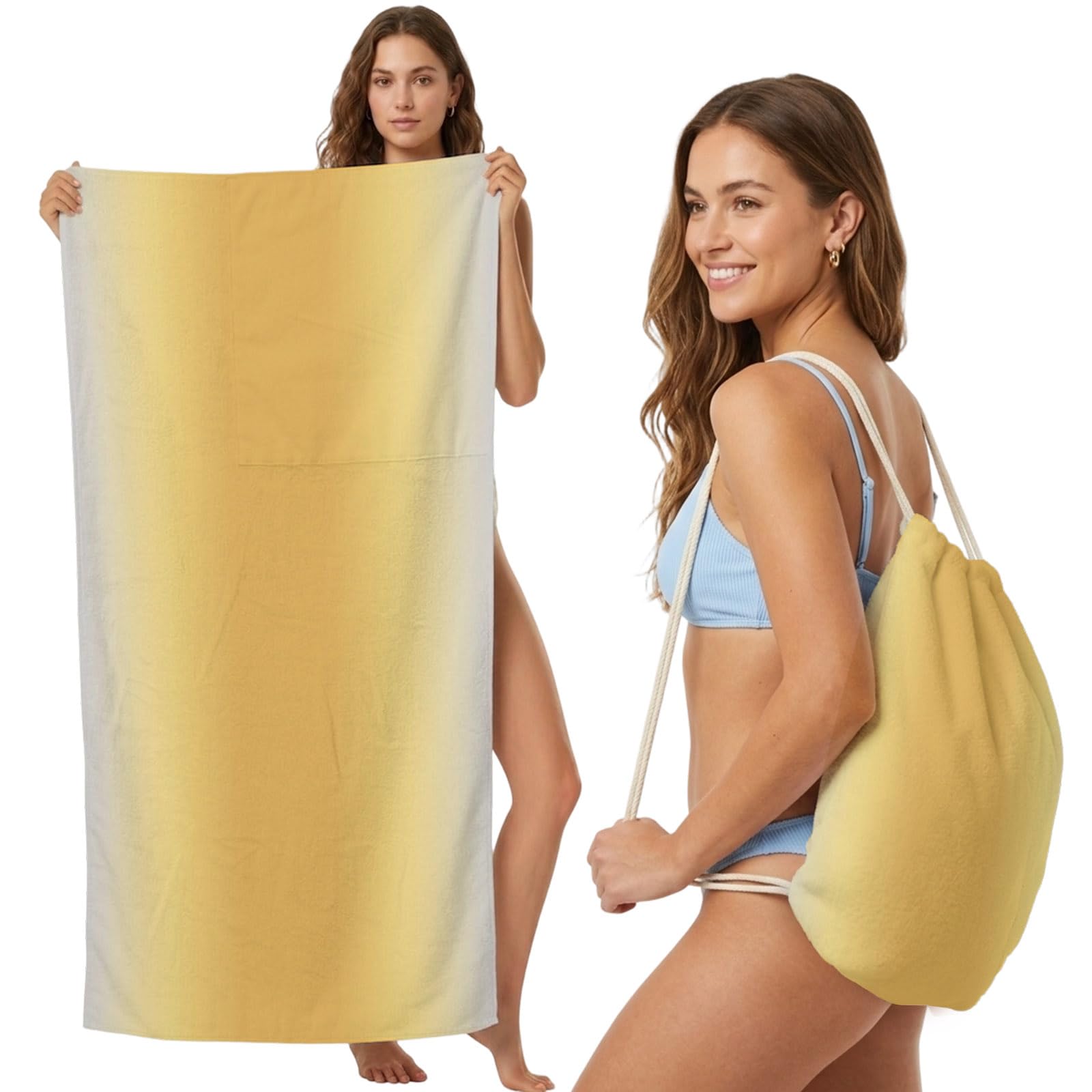 Beach Towel Bag 2 in 1 Yellow Solid Color Bath Pool Towels Backpack Gradient Color Absorbent Beach Towel Soft Quick Dry Lightweight Packable Towels Drawstring Bag for Travel Camping Sports Yoga Picnic