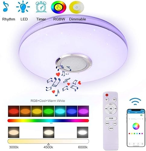 Miniatura 6 de Lámpara de techo LED de música de 36 W con altavoz Bluetooth, montaje empotrado RGB LED para teléfono inteligente, control remoto, lámpara de techo