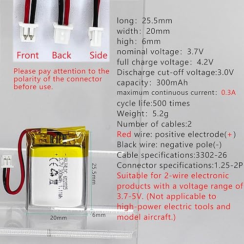 Miniatura 2 de HXJNLDC DC 3.7V 300mAh 602025 Batería recargable de polímero de litio, adecuada para productos electrónicos de bricolaje 3.7-5V con reemplazo de