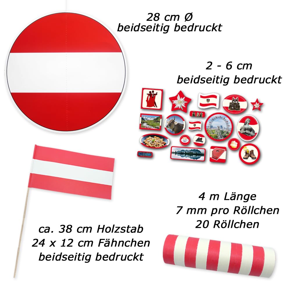 Österreich Deko Set rotweißrot groß - Partydeko im Design der rot-weißen, österreichischen Flagge, Girlanden, Fähnchen, Fahnenkette, Tischdeko Motive, Dekohänger, Lampion, Servietten im Dekoset