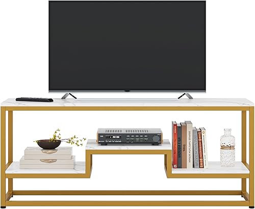 Miniatura 1 de LITTLE TREE Soporte de TV para TV de 65 pulgadas moderna consola de TV dorada de 59 pulgadas con estantes de almacenamiento abiertos centro de