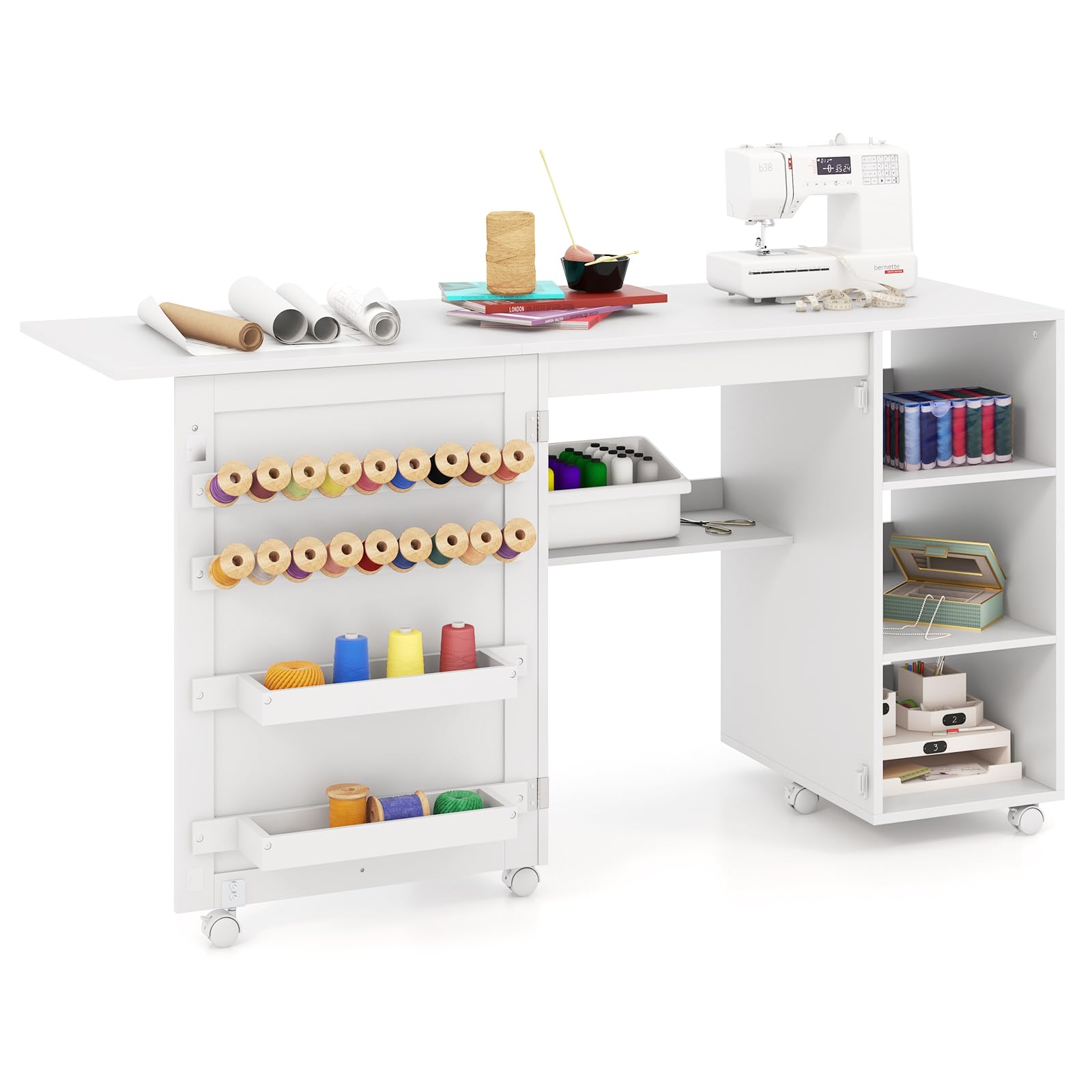 CASART 2-In-1 Folding Sewing Table, Multipurpose Sewing Machine Cabinet with Storage Shelves, 2 Storage Bins and 18 Pegs, Rolling Artwork Craft Table Sewing Workstation Drop Leaf Table, White