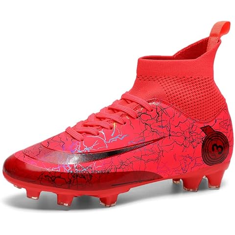 Kaowee Men's Soccer Shoes Fg/Ag High-Top Football Boots Cleats Professional Breathable Athletic Football Training Sneakers for Outdoor Indoor Red Cover