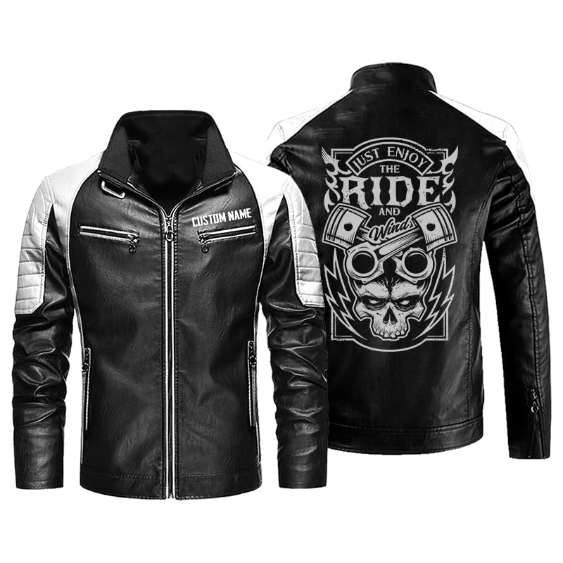 orealexpress Retro Vintage Biker Tattoo Rock Ride Wind Skull Piston Bike, Motorcycle Riding Jacket, Personalized Mens PU Leather Coat Custom Motorcycle Jacket Black White