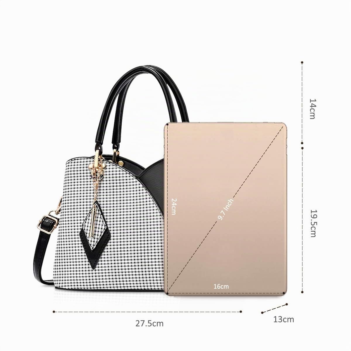 NICOLE & DORIS Elegante Damen Handtasche mit Mehreren Taschen Schultertaschen aus PU-Leder Henkeltaschen Karierte Umhängetasche mit Anhänger