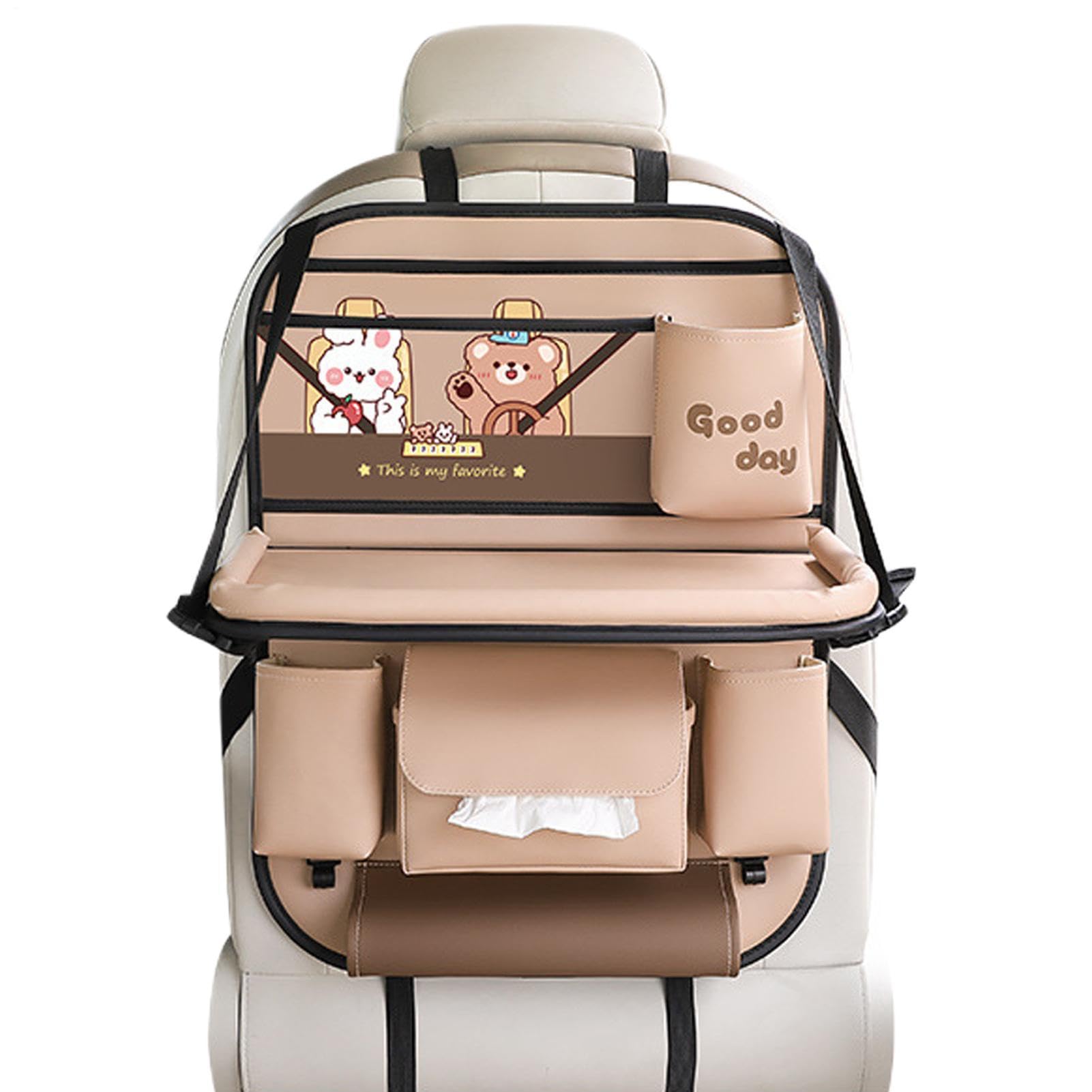 Organizador de asiento trasero de coche - Soporte multifunción plegable impermeable con bandeja | Bandeja de asiento de coche de viaje para niños | Para viaje, carretera, camping, camión, SUV | Organizador de almacenamiento de coche para viajes, carretera