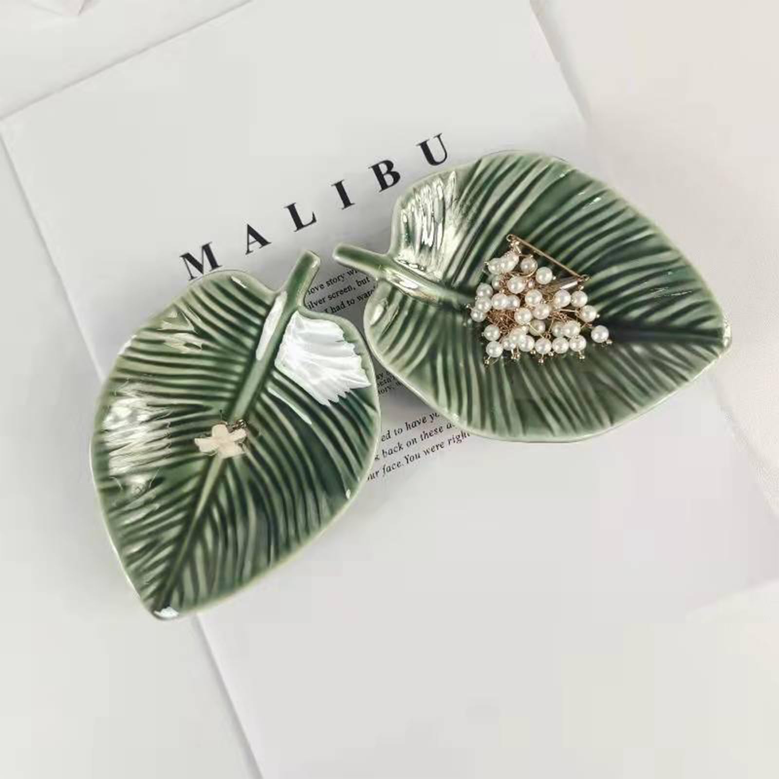 Plateau à Bijoux En Céramique Forme Feuille Verte - Support Décoratif Pour Bagues, Clés, Maquillage - Idéal Salle De Bain, Entrée, Cadeau