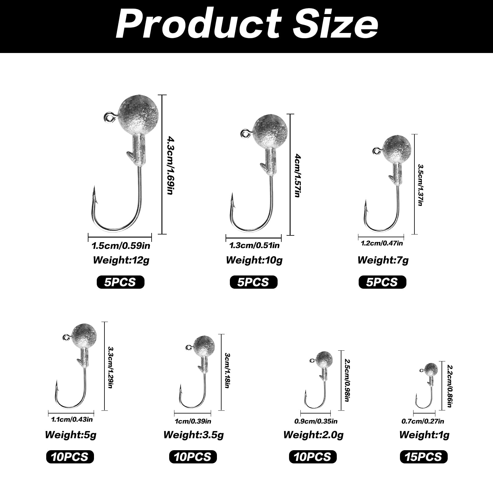 Juego de 60 Cabezas plomadas pequeñas, 7 tamaños de anzuelos de Pesca, anzuelos para cebos Blandos, Cabezas plomadas para cebos Blandos, Accesorios de Pesca (1 g, 2 g, 3,5 g, 5 g, 7 g, 10 g, 12 g)