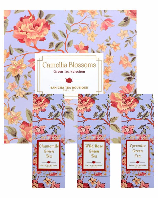 Sancha Tea Boutique, Camellia Blossom Gift Box, Floral Green Collection with Lavender, Chamomile & Rose, 3 Varieties, 150g Loose Leaves