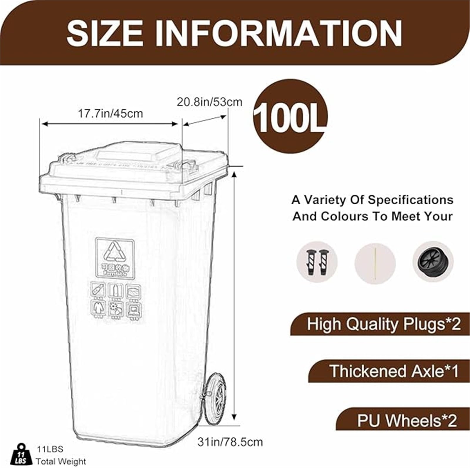 Kosz Śmieci Zewnątrz 80L 100L 120L 240L, Duży Kosz Śmieci Z Pokrywką Kółkami, Wytrzymały Komercyjny Kosz Śmieci, Do Użytku Zewnątrz, Do Kuchni(Yellow,100L)