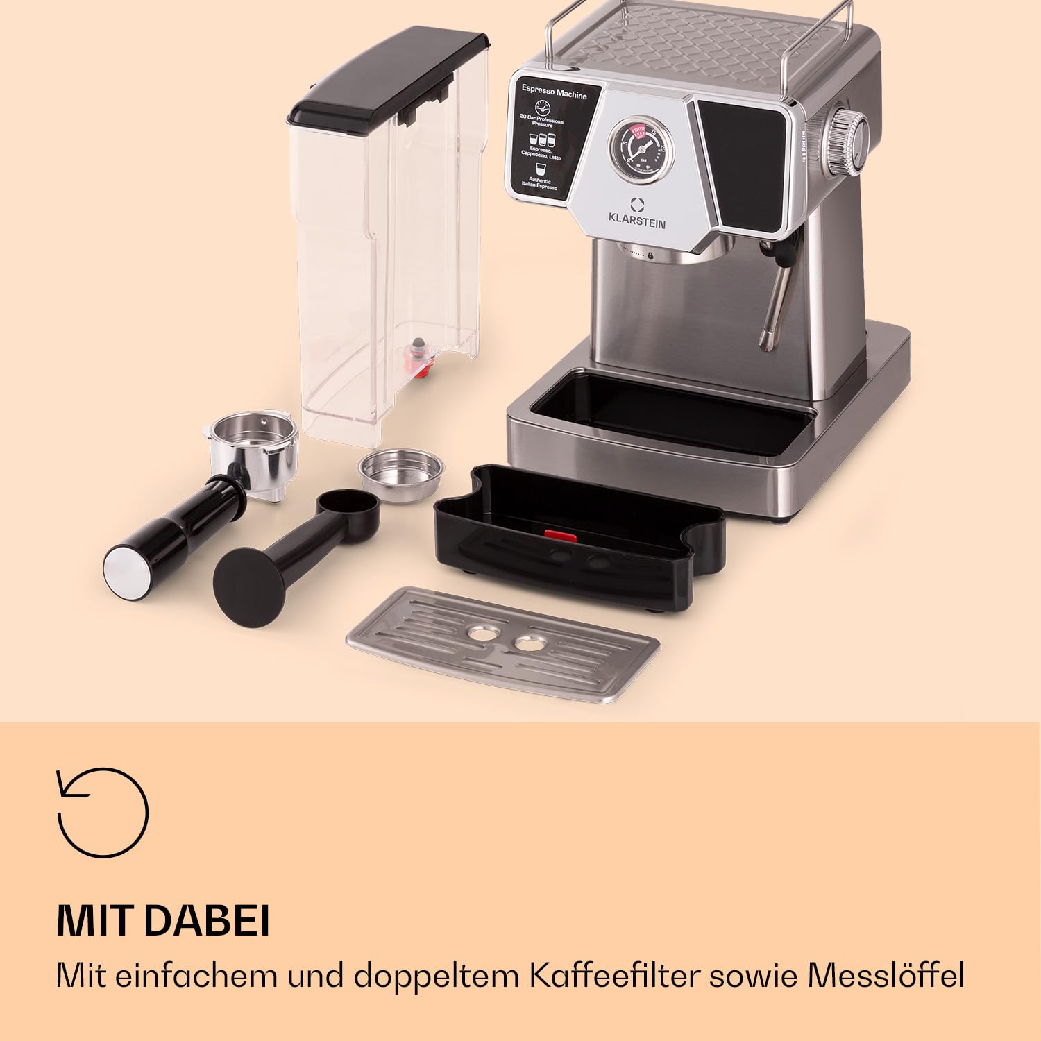 Klarstein 1,8 L Siebträgermaschine Espressomaschine 19 Bar 1350 W Edelstahl Mini Kaffeemaschine mit Milchschäumer