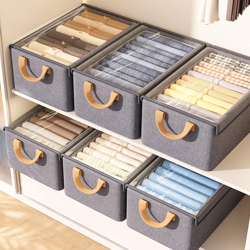Scatola portaoggetti pieghevole con finestra trasparente, organizer in tessuto con manici (grigio, 50 x 44 x 32 cm)