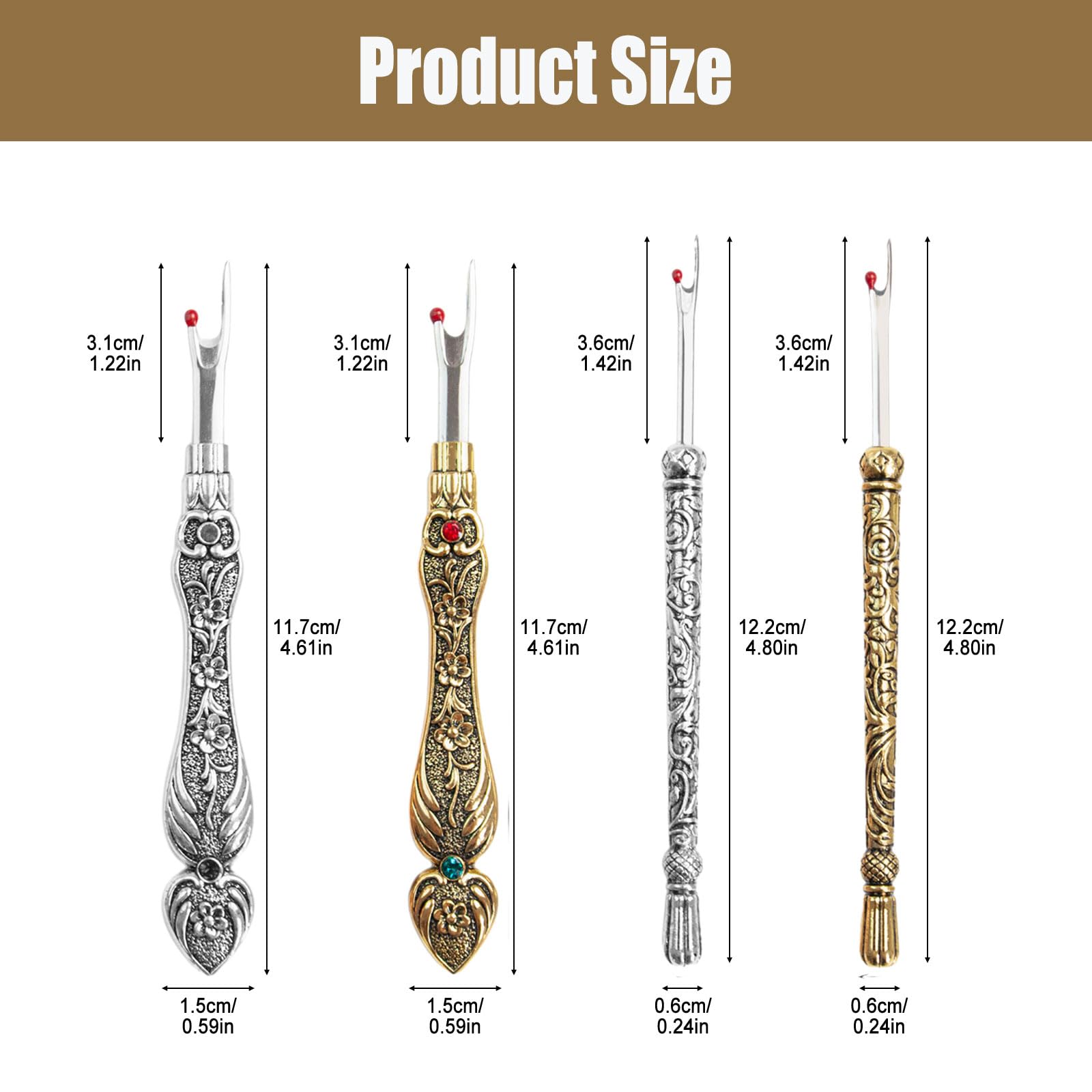 HSOKEW 4Pcs Sewing Seam Ripper, 2 Sizes Retro Seam Rippers for Sewing Metal Seam Sewing Thread Ripper Easy Grip Seam Ripper Sewing Tools Kit for Quick Unpick Sewing Embroidery Quilting