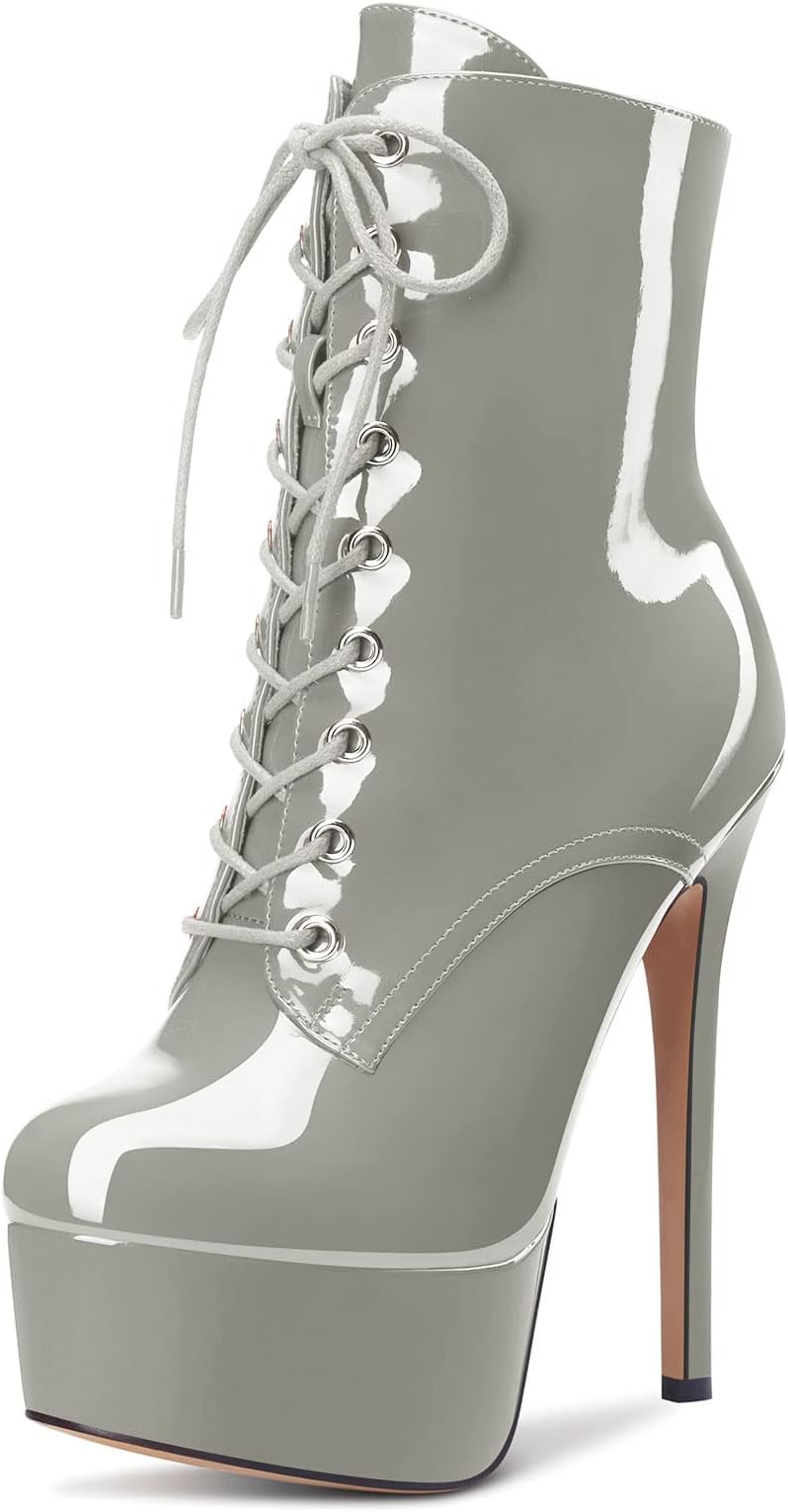 Women Ankle Boots Short Bootie Platform Stiletto High Heel Round Toe Dress Shoes Lace-up Patent 16 CM