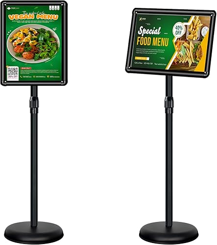 Soporte para póster con pedestal ajustable, soporte para letrero de pie vertical y horizontal, marco abierto de aluminio con esquina de seguridad