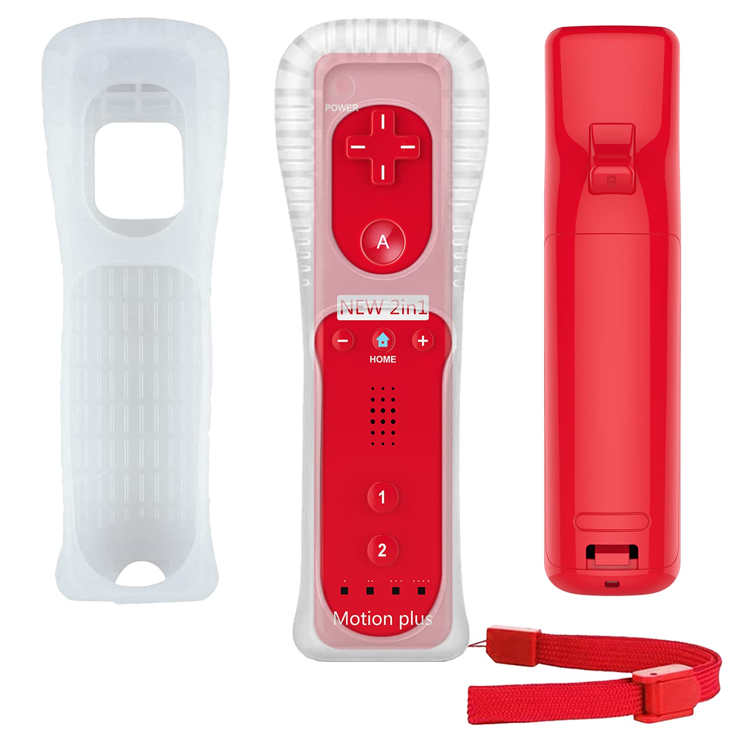 Wii Controller Compatible with Nintend Wii, Wii U with Motion Plus, 1 Pack Wii Remote and Nunchuck Controller with Silicone Case and Wrist Strap (Red)