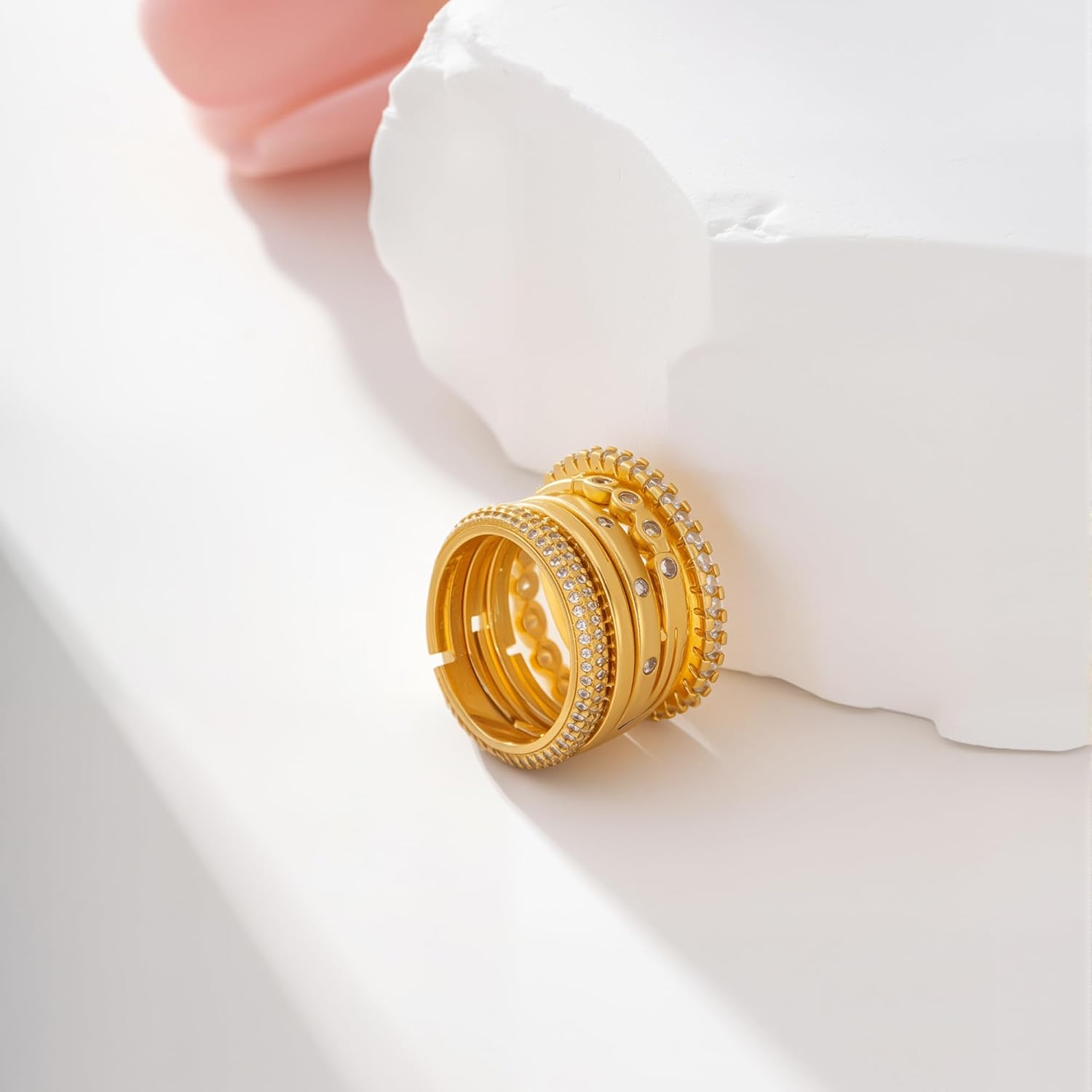 14K Gold Stackable Rings for Women - Minimalist Non Tarnish Half Cubic Zirconia Band Rings - Dainty Trendy Statement Stacking Rings - Image 2