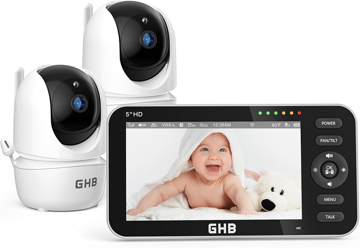 GHB Babyphone mit 2 Kameras 5 Zoll 720P HD IPS-Display Babyphone Kamera VOX-Modus Gegensprechen Nachtsicht Temperaturanzeige