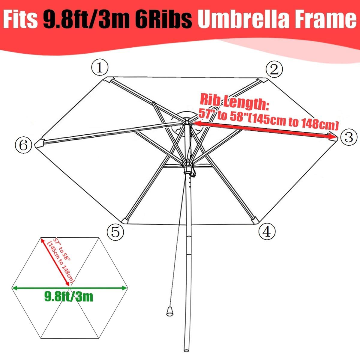 Water Resistant Replacement Canopy for Patio Umbrellas, Fits 6.6ft/8.9ft/9.8ft, Durable Cloth Cover for Garden, Backyard, Pool - 6/8 Ribs Compatible