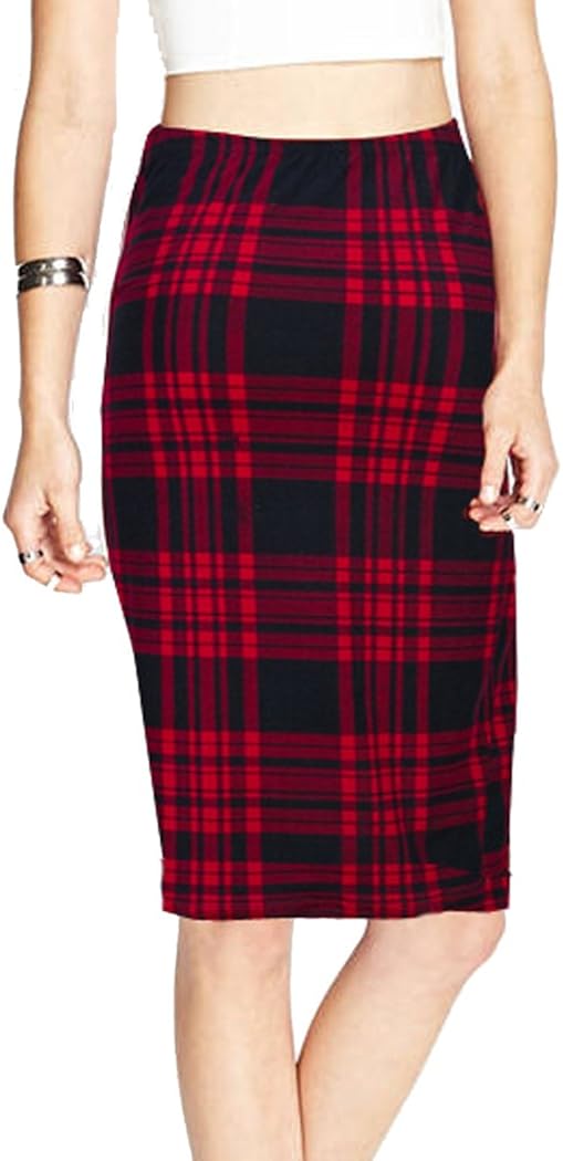 TEERFU Womens Plaid Pencil Skirt, Elastic Office Wear Knee Length Bodycon Skirt at Amazon Women