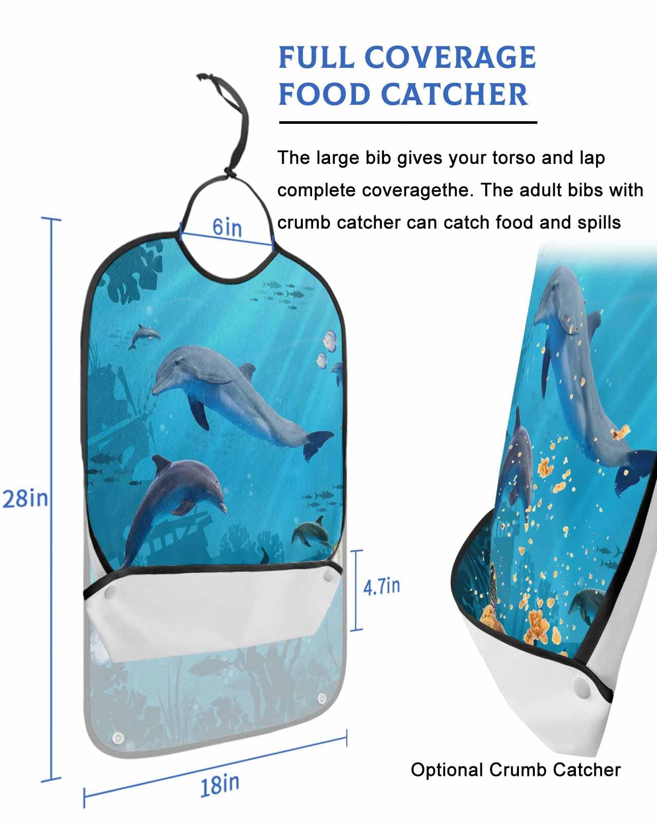 LEOKOTI Blue Ocean Adult Bibs for Eating, Waterproof Bibs with Food Catcher & Adjustable Snap Closure, Coastal Nautical Summer Beach Fish Washable Clothing Protectors Adult Bibs for Elderly Women/Men