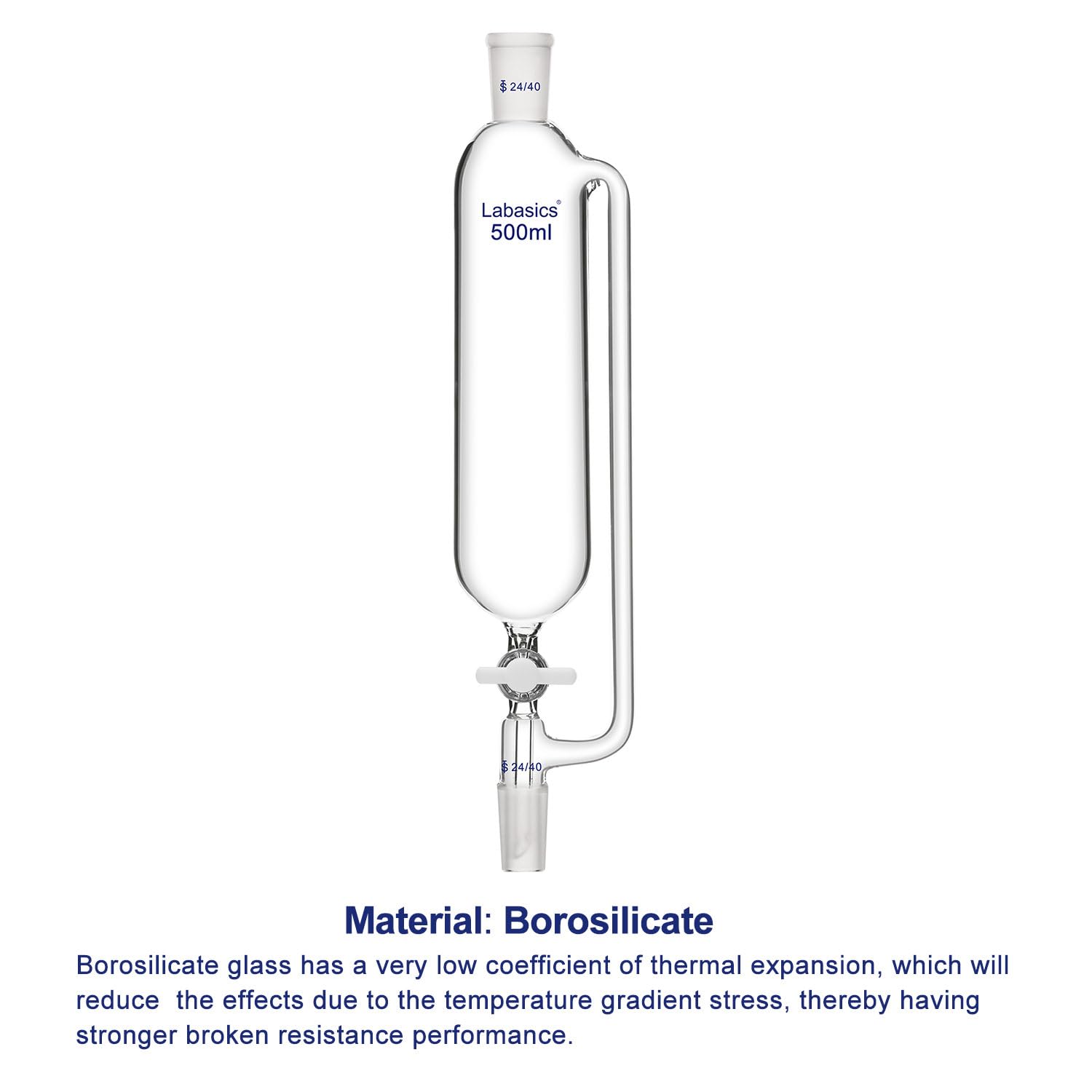 Labasics 500 ml Druckausgleich Zusatz Trichter, Borosilikatglas Tropftrichter 24/40 Gelenk mit PTFE-Hahn für Labor, 500 ml