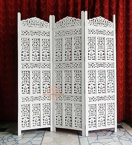 Image of Home & Goods International Wooden Room Divider Partition - Foldable Wood Screen Separator for Living Room, Bedroom, Office, Restaurant || Kangra Badrun Design, White (3 Panel)