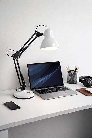 Busstier Akrobat Masa Lambası Kablolu Ayarlanabilir Kollu Çalışma Lambası Metal Gövde Güçlü Işık Ofis Ev Atölye Masaüstü Aydınlatma (Beyaz) [Enerji Sınıfı A++]