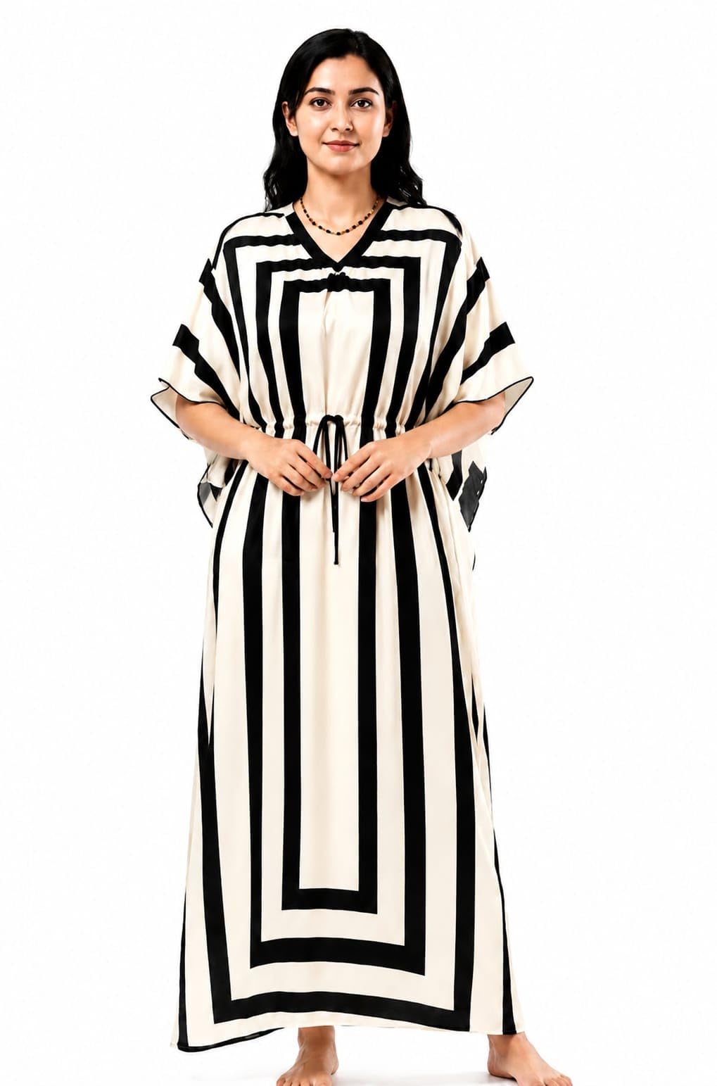Women's Kaftan Nighty, Black and White Striped, Maxi Length, V-Neck with Adjustable Drawstring Waist-image-25